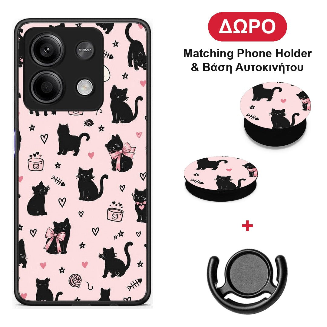Black Cat Doodles on Pink - Xiaomi Redmi Note 13 5G θήκη + Δώρο Phone Holder & Βάση Αυτοκινήτου
