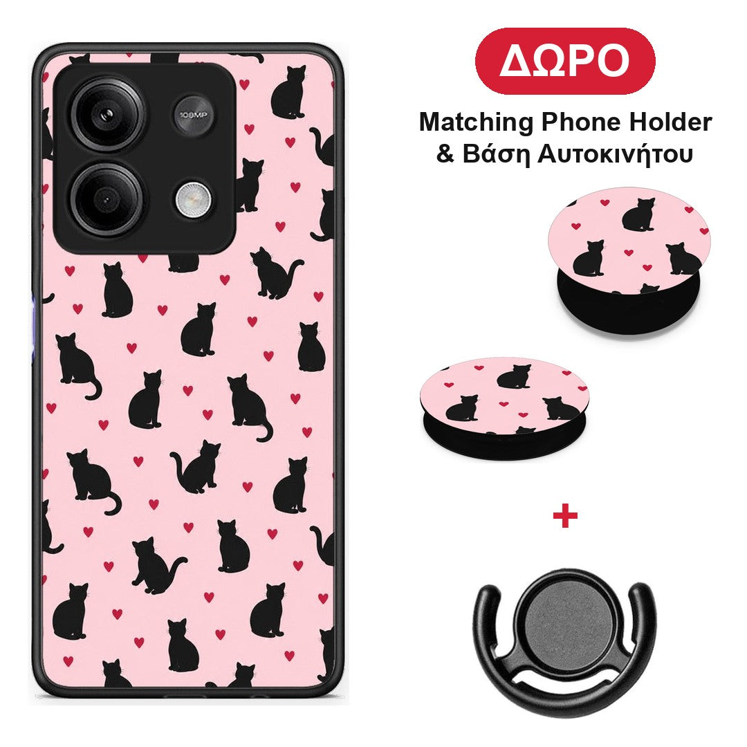 Black Cat Silhouettes and Hearts on Pink - Xiaomi Redmi Note 13 5G θήκη + Δώρο Phone Holder & Βάση Αυτοκινήτου