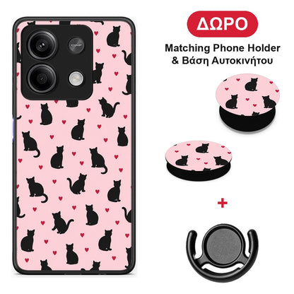 Black Cat Silhouettes and Hearts on Pink - Xiaomi Redmi Note 13 5G θήκη + Δώρο Phone Holder & Βάση Αυτοκινήτου