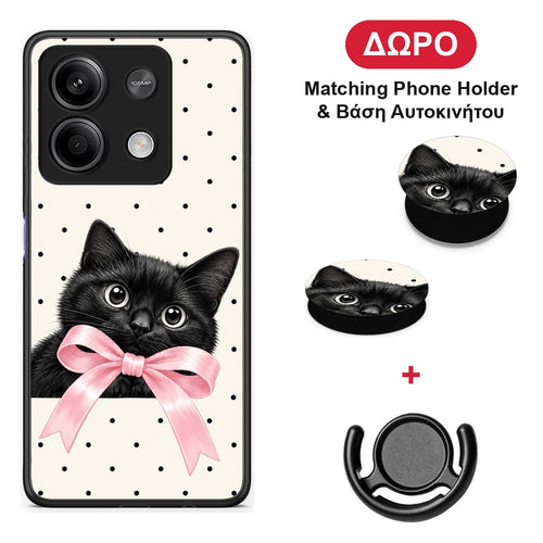 Black Kitten Pink Bow and Polka Dots - Xiaomi Redmi Note 13 5G θήκη + Δώρο Phone Holder & Βάση Αυτοκινήτου