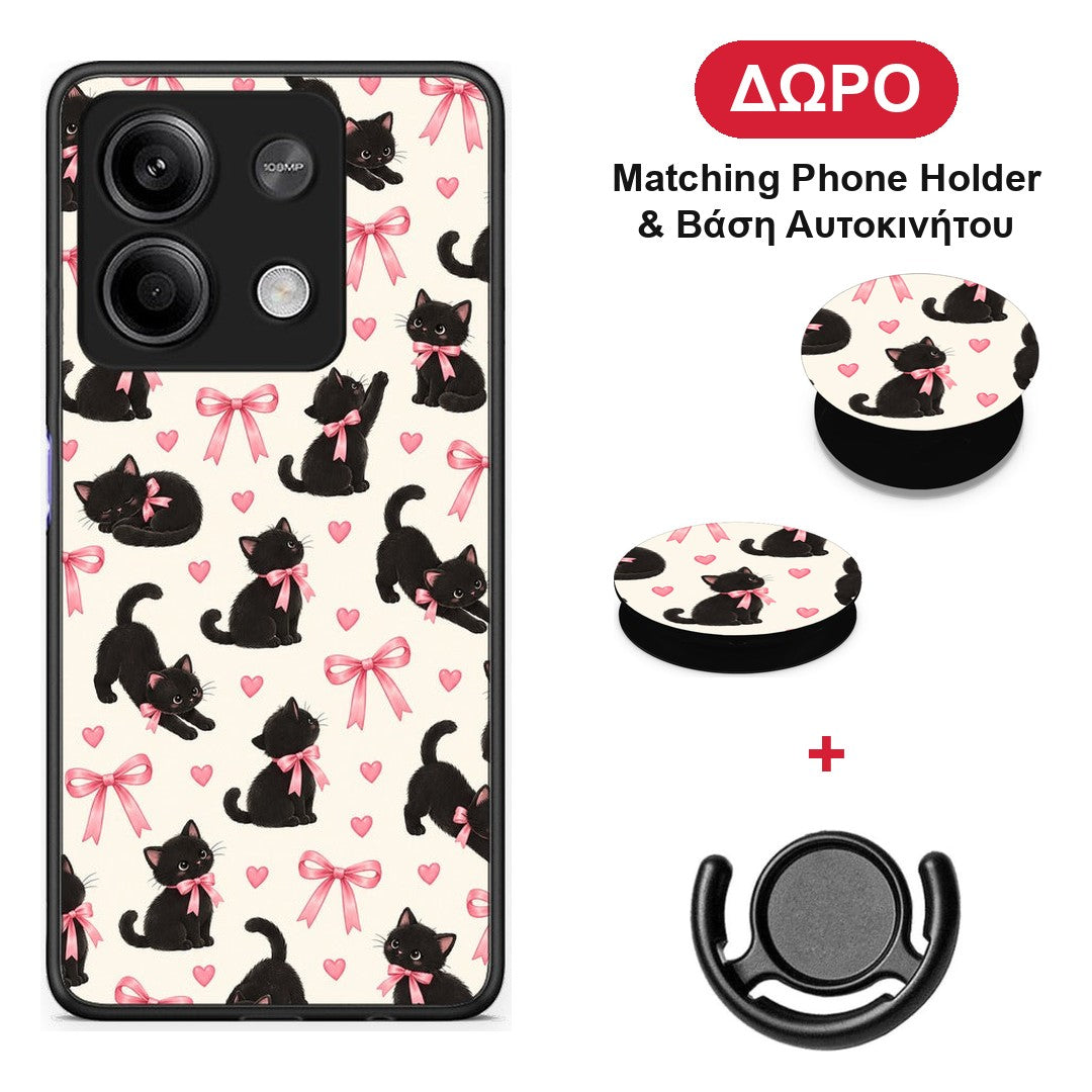 Black Kittens and Pink Bows on Cream Small - Xiaomi Redmi Note 13 5G θήκη + Δώρο Phone Holder & Βάση Αυτοκινήτου