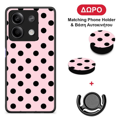 Black Polka Dots on Pink - Xiaomi Redmi Note 13 5G θήκη + Δώρο Phone Holder & Βάση Αυτοκινήτου