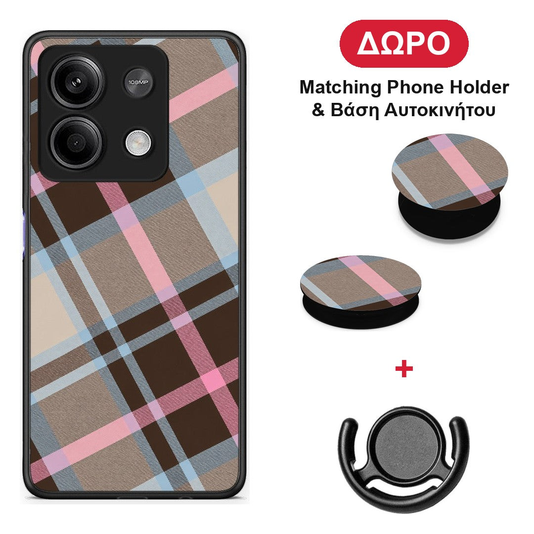 Brown Pink and Blue Diagonal Plaid - Xiaomi Redmi Note 13 5G θήκη + Δώρο Phone Holder & Βάση Αυτοκινήτου