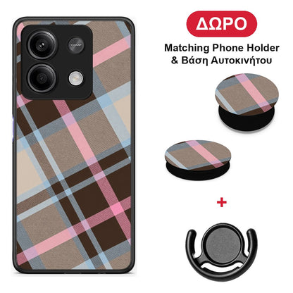 Brown Pink and Blue Diagonal Plaid - Xiaomi Redmi Note 13 5G θήκη + Δώρο Phone Holder & Βάση Αυτοκινήτου