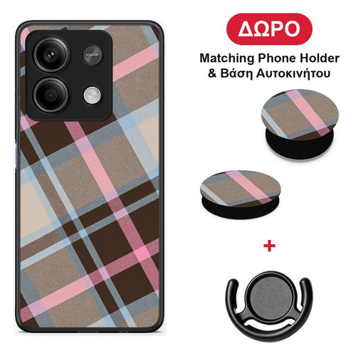 Brown Pink and Blue Diagonal Plaid - Xiaomi Redmi Note 13 5G θήκη + Δώρο Phone Holder & Βάση Αυτοκινήτου