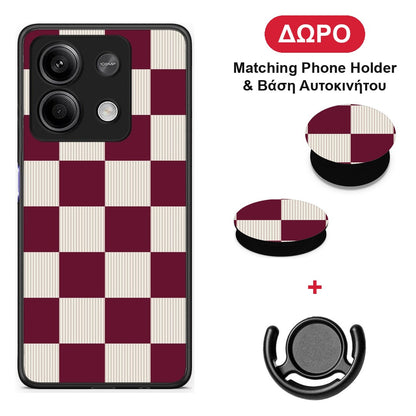 Burgundy and Cream Striped Checks - Xiaomi Redmi Note 13 5G θήκη + Δώρο Phone Holder & Βάση Αυτοκινήτου