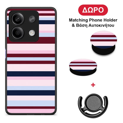 Burgundy Pink and Blue Horizontal Stripes - Xiaomi Redmi Note 13 5G θήκη + Δώρο Phone Holder & Βάση Αυτοκινήτου
