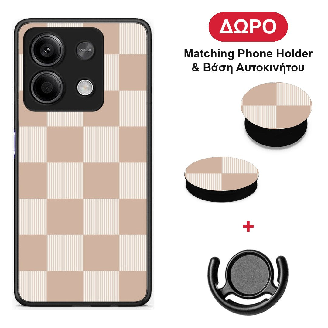 Latte and Cream Striped Checks - Xiaomi Redmi Note 13 5G θήκη + Δώρο Phone Holder & Βάση Αυτοκινήτου