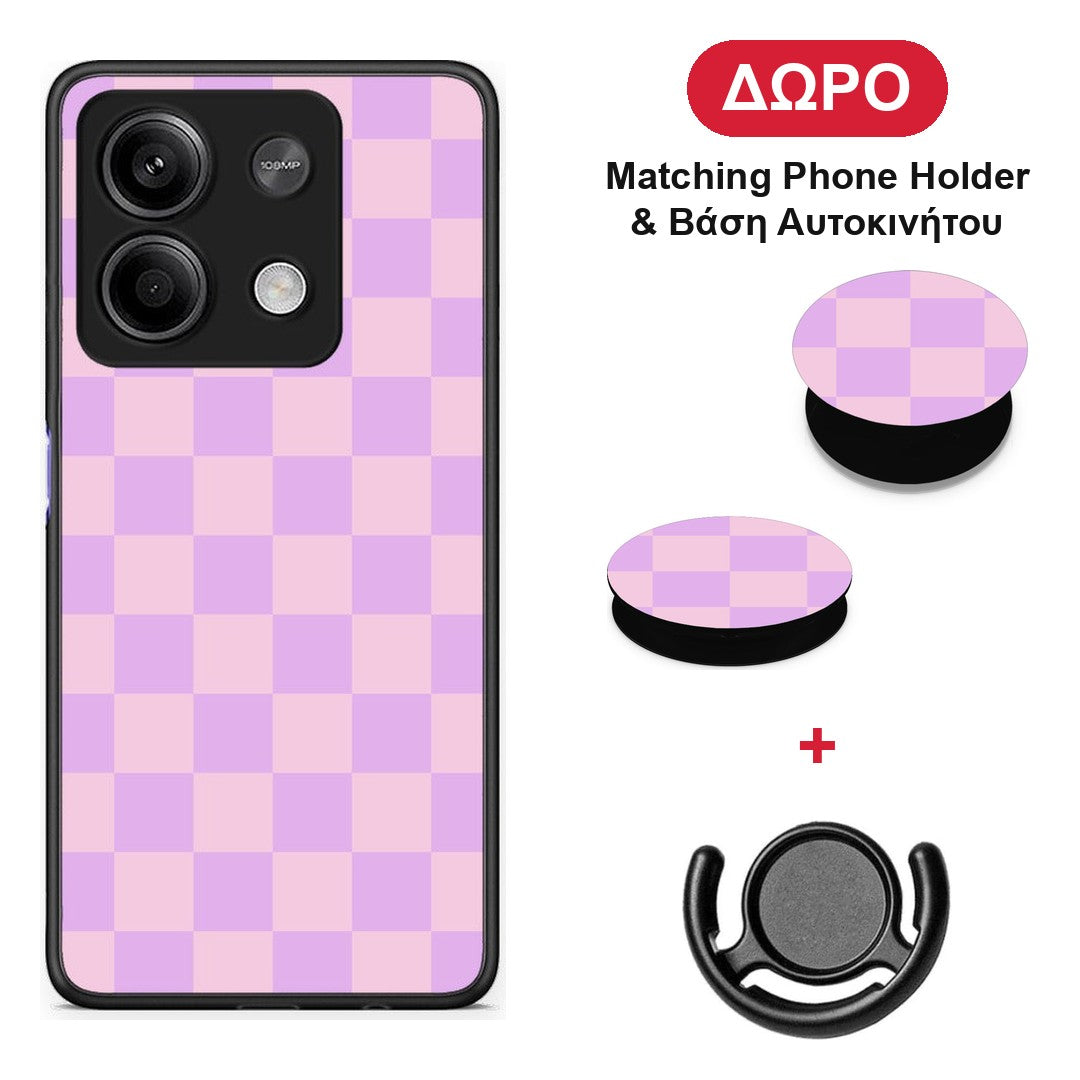 Lavender and Pink Checkerboard - Xiaomi Redmi Note 13 5G θήκη + Δώρο Phone Holder & Βάση Αυτοκινήτου