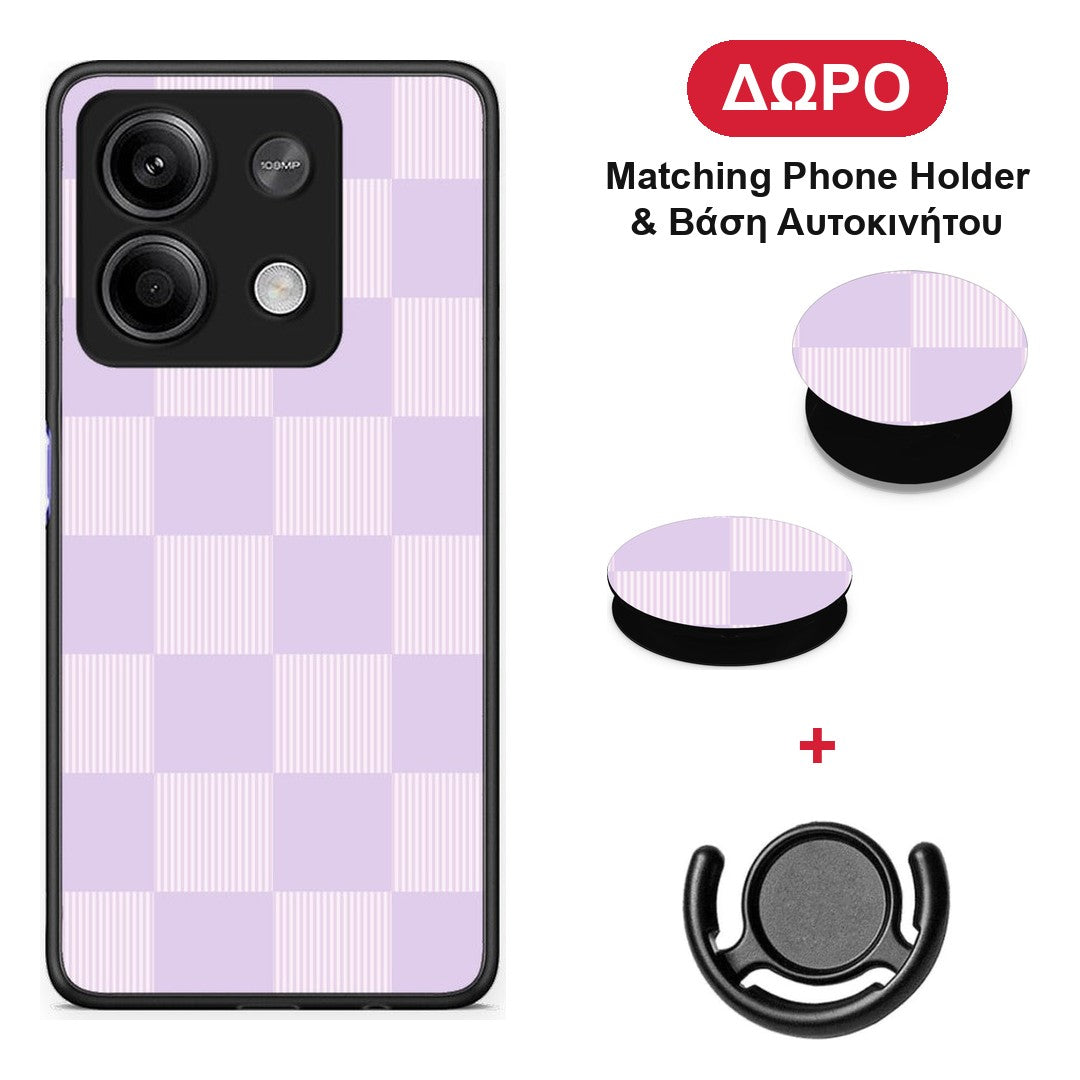 Lilac and Cream Striped Checks - Xiaomi Redmi Note 13 5G θήκη + Δώρο Phone Holder & Βάση Αυτοκινήτου