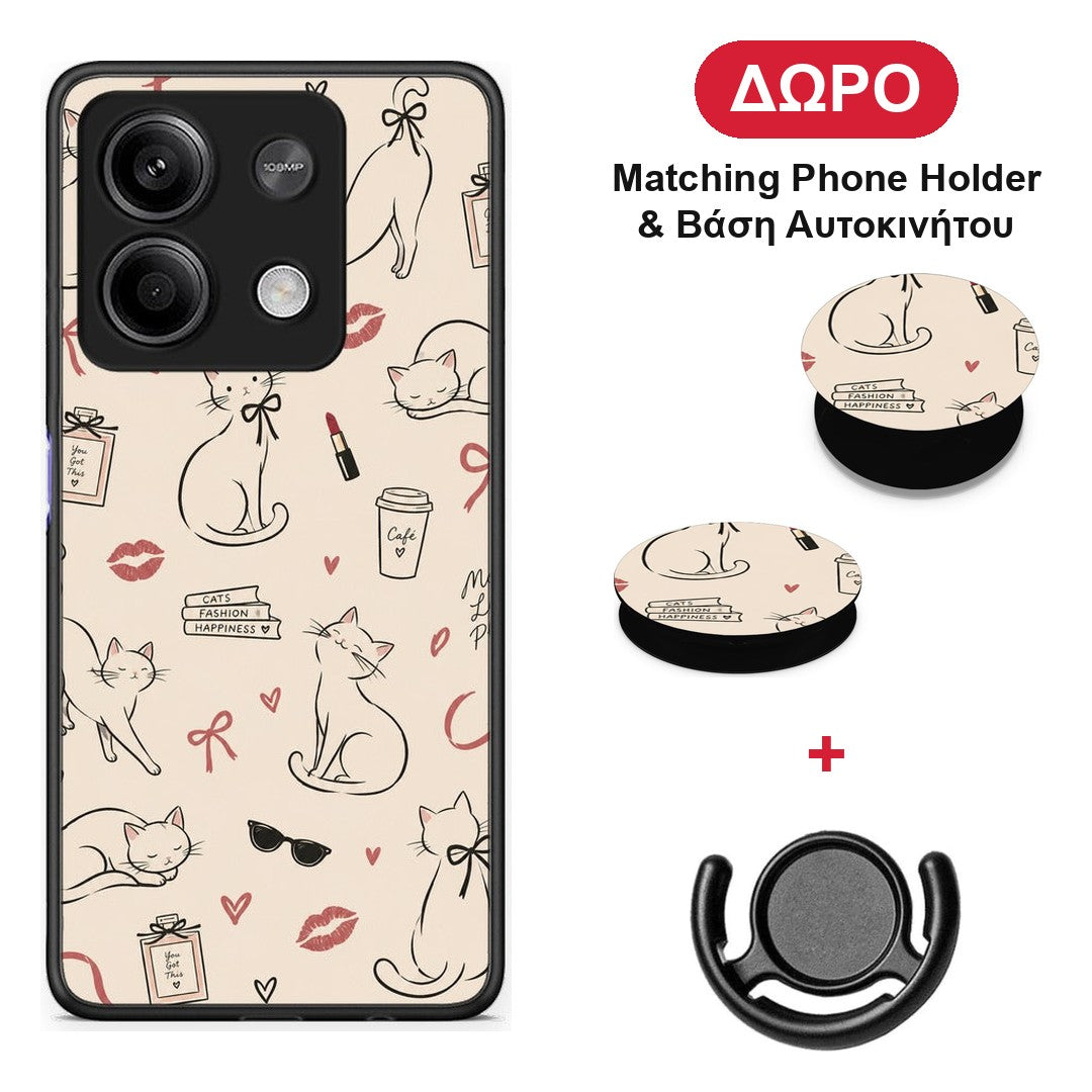Minimal Cat and Fashion Doodles on Cream - Xiaomi Redmi Note 13 5G θήκη + Δώρο Phone Holder & Βάση Αυτοκινήτου