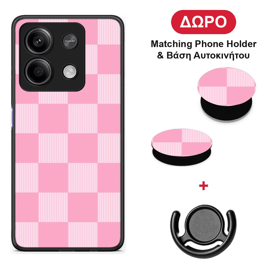 Pink and White Striped Checks - Xiaomi Redmi Note 13 5G θήκη + Δώρο Phone Holder & Βάση Αυτοκινήτου