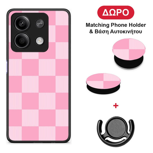 Pink and White Striped Checks - Xiaomi Redmi Note 13 5G θήκη + Δώρο Phone Holder & Βάση Αυτοκινήτου