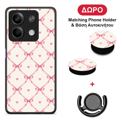 Pink Bow Lattice and Hearts on Cream - Xiaomi Redmi Note 13 5G θήκη + Δώρο Phone Holder & Βάση Αυτοκινήτου