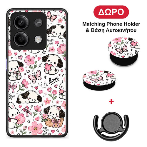 Pink Florals Puppies and Bunnies on White - Xiaomi Redmi Note 13 5G θήκη + Δώρο Phone Holder & Βάση Αυτοκινήτου
