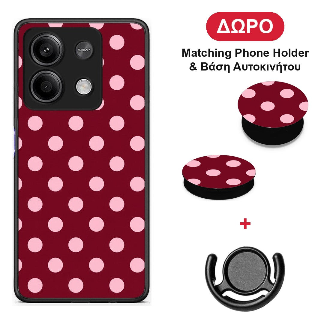 Pink Polka Dots on Burgundy - Xiaomi Redmi Note 13 5G θήκη + Δώρο Phone Holder & Βάση Αυτοκινήτου