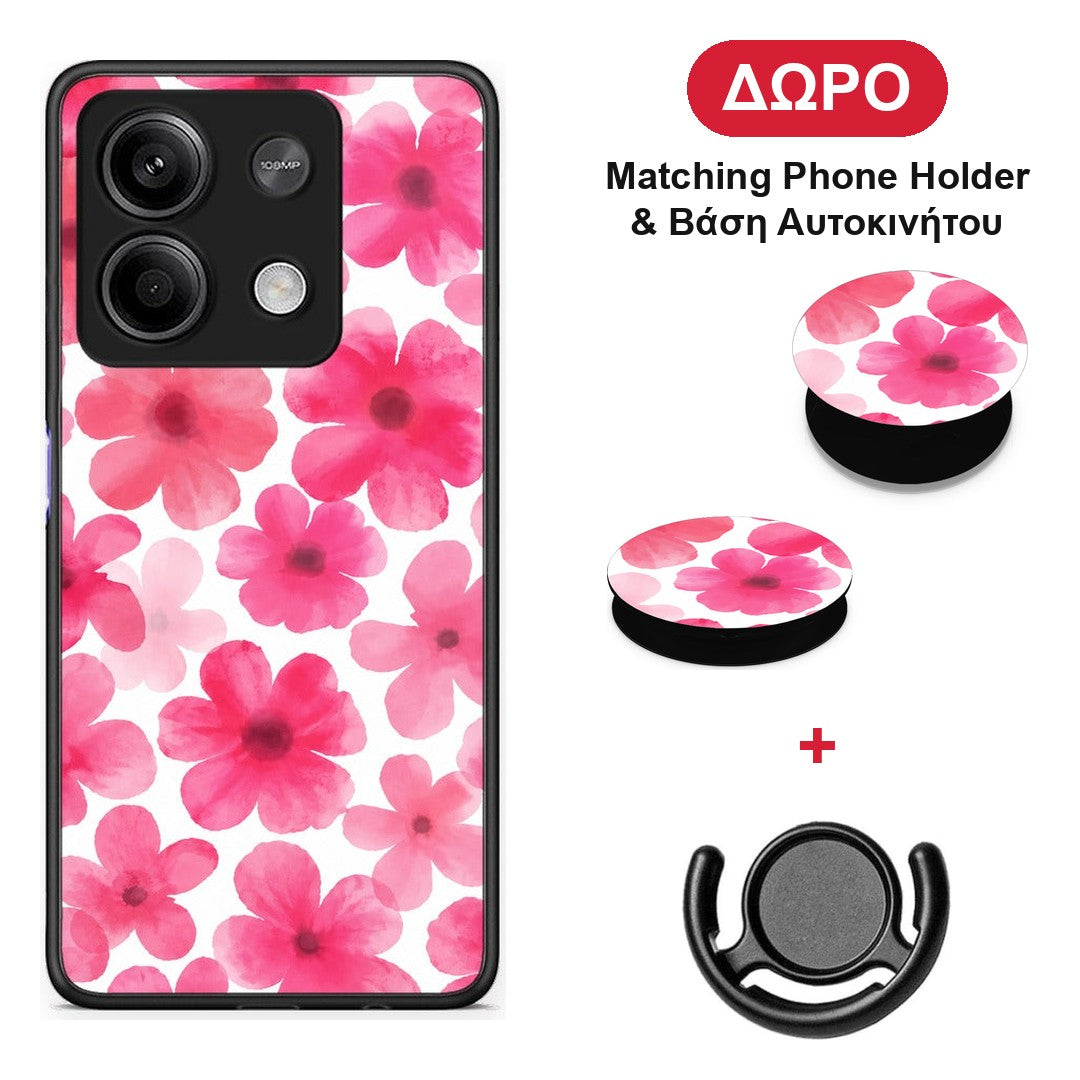 Pink Watercolour Flowers on White - Xiaomi Redmi Note 13 5G θήκη + Δώρο Phone Holder & Βάση Αυτοκινήτου