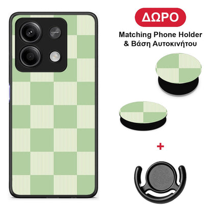 Sage and Cream Striped Checks - Xiaomi Redmi Note 13 5G θήκη + Δώρο Phone Holder & Βάση Αυτοκινήτου