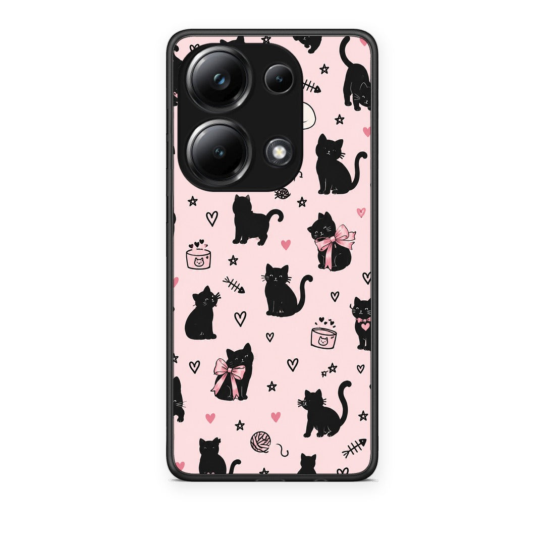 Θήκη Xiaomi Redmi Note 13 Pro 4G Black Cat Doodles on Pink από τη Smartfits με σχέδιο στο πίσω μέρος και μαύρο περίβλημα | Xiaomi Redmi Note 13 Pro 4G Black Cat Doodles on Pink case with colorful back and black bezels