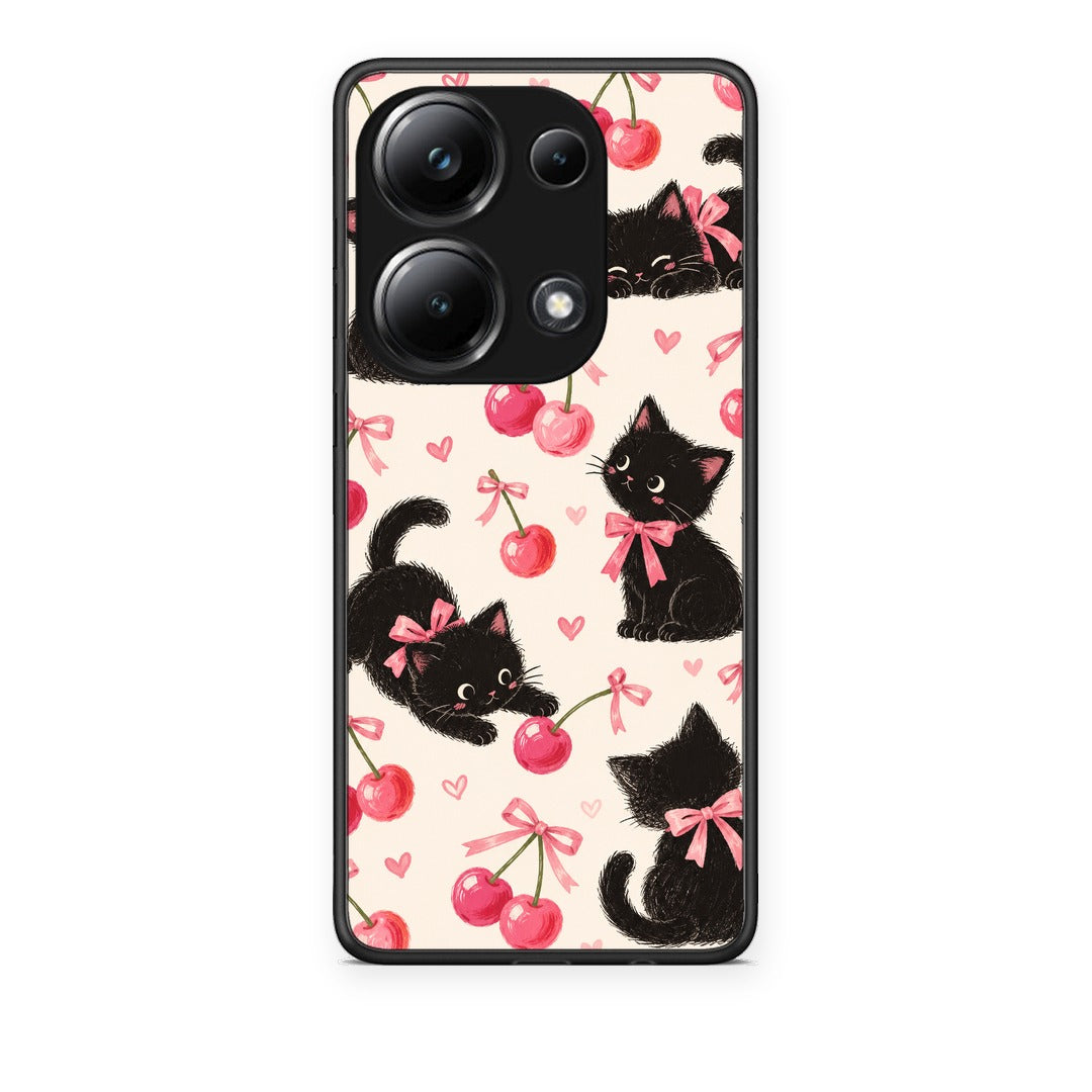 Θήκη Xiaomi Redmi Note 13 Pro 4G Black Kittens and Cherries on Cream από τη Smartfits με σχέδιο στο πίσω μέρος και μαύρο περίβλημα | Xiaomi Redmi Note 13 Pro 4G Black Kittens and Cherries on Cream case with colorful back and black bezels