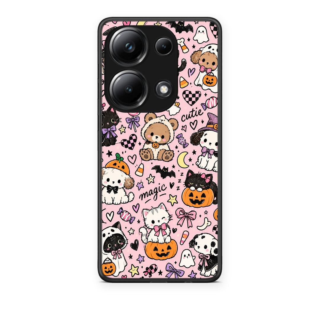 Θήκη Xiaomi Redmi Note 13 Pro 4G Halloween Cute Animals on Pink από τη Smartfits με σχέδιο στο πίσω μέρος και μαύρο περίβλημα | Xiaomi Redmi Note 13 Pro 4G Halloween Cute Animals on Pink case with colorful back and black bezels