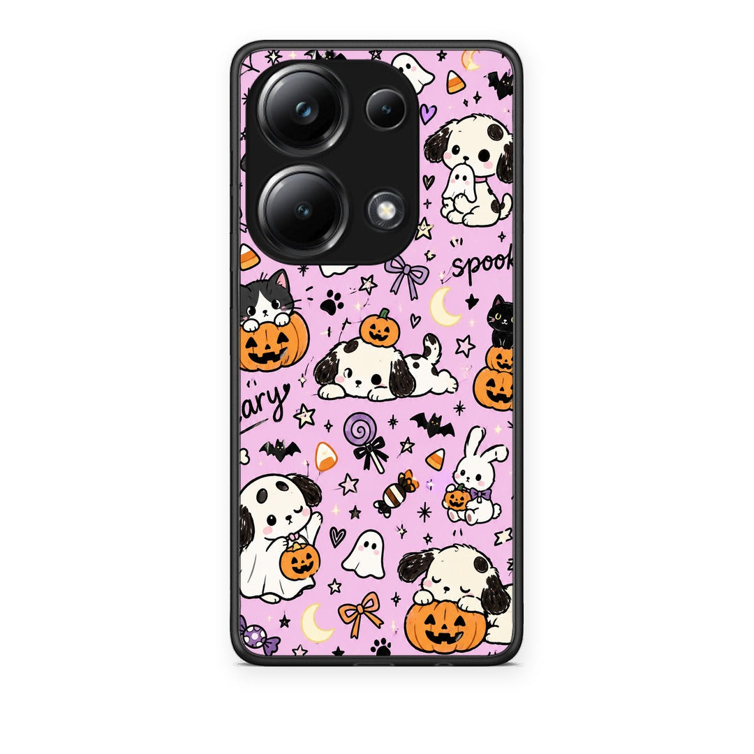 Θήκη Xiaomi Redmi Note 13 Pro 4G Halloween Puppies and Friends on Lilac από τη Smartfits με σχέδιο στο πίσω μέρος και μαύρο περίβλημα | Xiaomi Redmi Note 13 Pro 4G Halloween Puppies and Friends on Lilac case with colorful back and black bezels