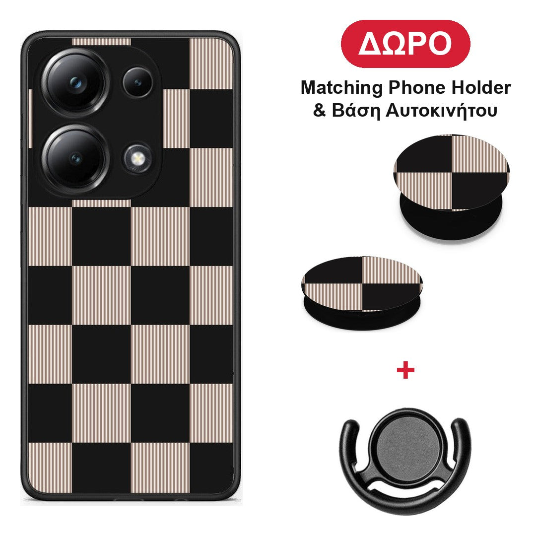 Black and Taupe Striped Checks - Xiaomi Redmi Note 13 Pro 4G θήκη + Δώρο Phone Holder & Βάση Αυτοκινήτου
