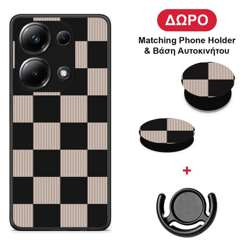 Black and Taupe Striped Checks - Xiaomi Redmi Note 13 Pro 4G θήκη + Δώρο Phone Holder & Βάση Αυτοκινήτου