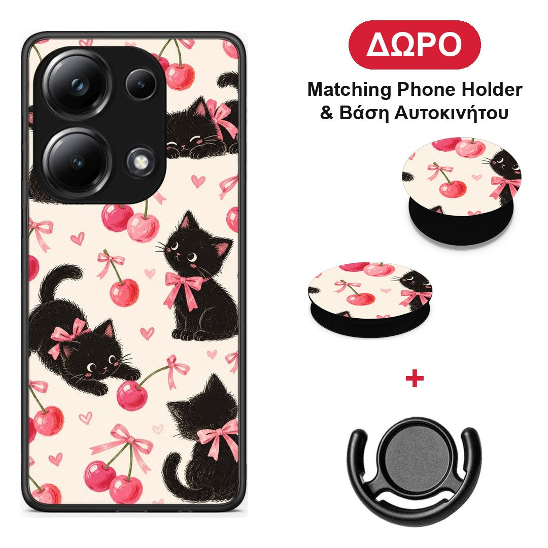 Black Kittens and Cherries on Cream - Xiaomi Redmi Note 13 Pro 4G θήκη + Δώρο Phone Holder & Βάση Αυτοκινήτου