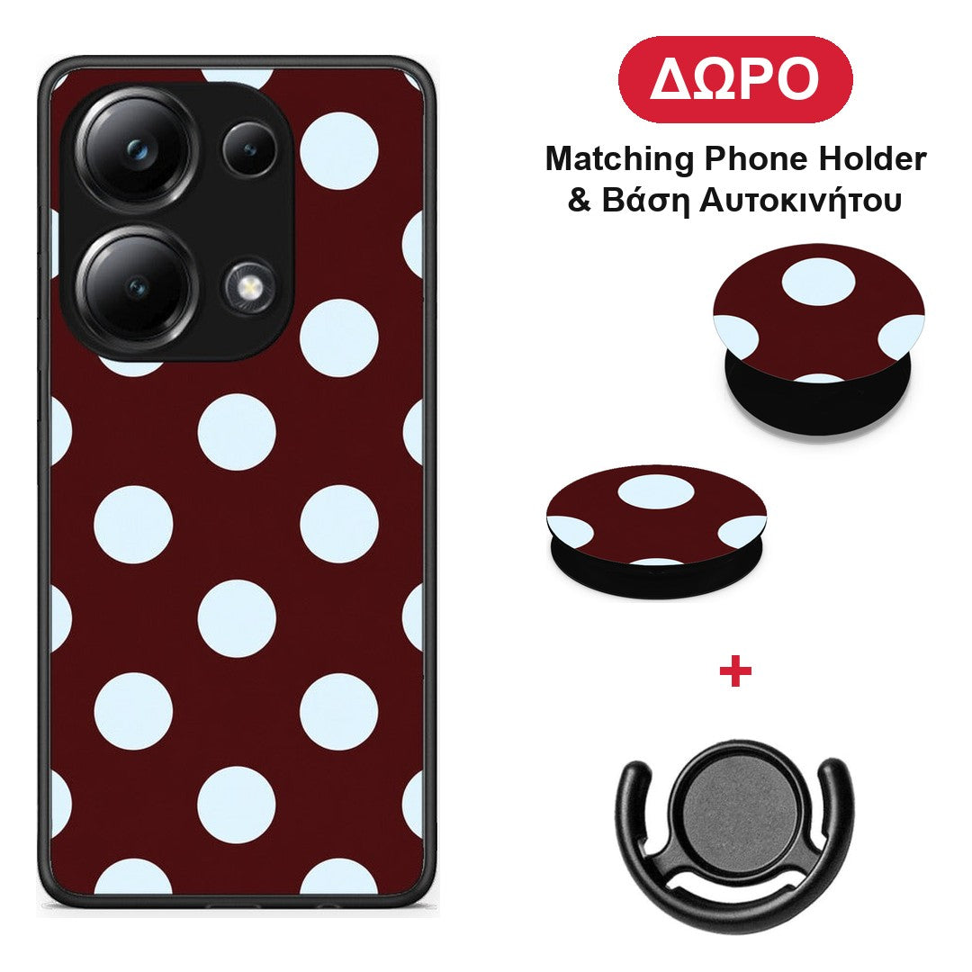 Pale Blue Large Polka Dots on Burgundy - Xiaomi Redmi Note 13 Pro 4G θήκη + Δώρο Phone Holder & Βάση Αυτοκινήτου