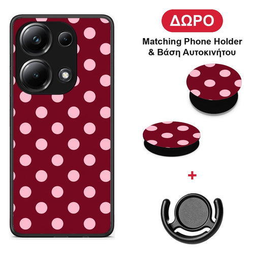Pink Polka Dots on Burgundy - Xiaomi Redmi Note 13 Pro 4G θήκη + Δώρο Phone Holder & Βάση Αυτοκινήτου