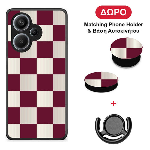 Burgundy and Cream Striped Checks - Xiaomi Redmi Note 13 Pro Plus 5G θήκη + Δώρο Phone Holder & Βάση Αυτοκινήτου