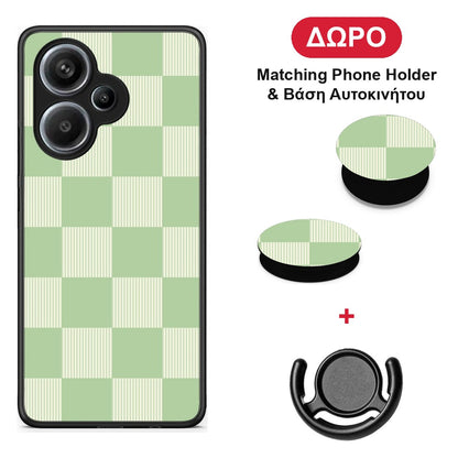 Sage and Cream Striped Checks - Xiaomi Redmi Note 13 Pro Plus 5G θήκη + Δώρο Phone Holder & Βάση Αυτοκινήτου