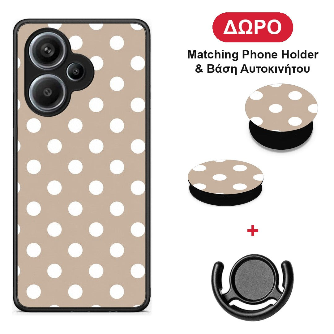 White Polka Dots on Taupe - Xiaomi Redmi Note 13 Pro Plus 5G θήκη + Δώρο Phone Holder & Βάση Αυτοκινήτου