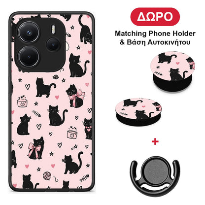 Black Cat Doodles on Pink - Xiaomi Redmi Note 14 4G θήκη + Δώρο Phone Holder & Βάση Αυτοκινήτου