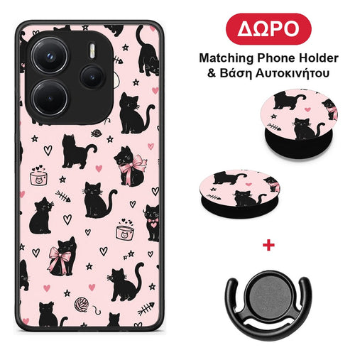 Black Cat Doodles on Pink - Xiaomi Redmi Note 14 4G θήκη + Δώρο Phone Holder & Βάση Αυτοκινήτου