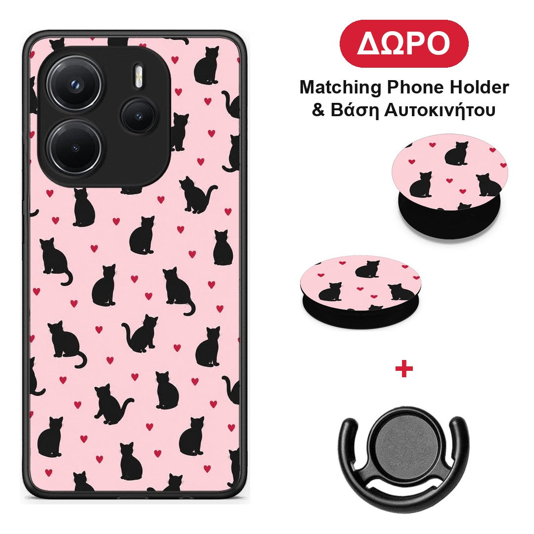 Black Cat Silhouettes and Hearts on Pink - Xiaomi Redmi Note 14 4G θήκη + Δώρο Phone Holder & Βάση Αυτοκινήτου