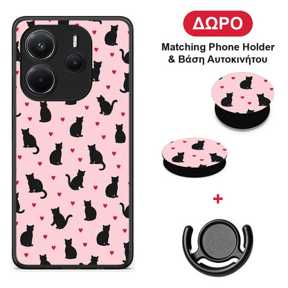 Black Cat Silhouettes and Hearts on Pink - Xiaomi Redmi Note 14 4G θήκη + Δώρο Phone Holder & Βάση Αυτοκινήτου