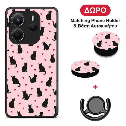 Black Cat Silhouettes and Hearts on Pink - Xiaomi Redmi Note 14 4G θήκη + Δώρο Phone Holder & Βάση Αυτοκινήτου