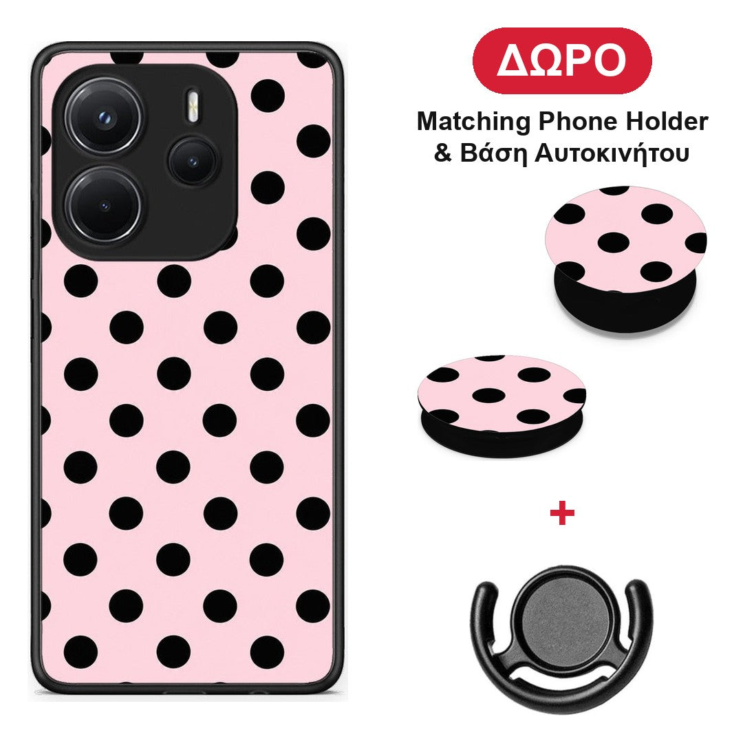 Black Polka Dots on Pink - Xiaomi Redmi Note 14 4G θήκη + Δώρο Phone Holder & Βάση Αυτοκινήτου