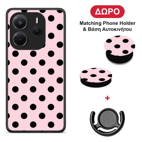 Black Polka Dots on Pink - Xiaomi Redmi Note 14 4G θήκη + Δώρο Phone Holder & Βάση Αυτοκινήτου