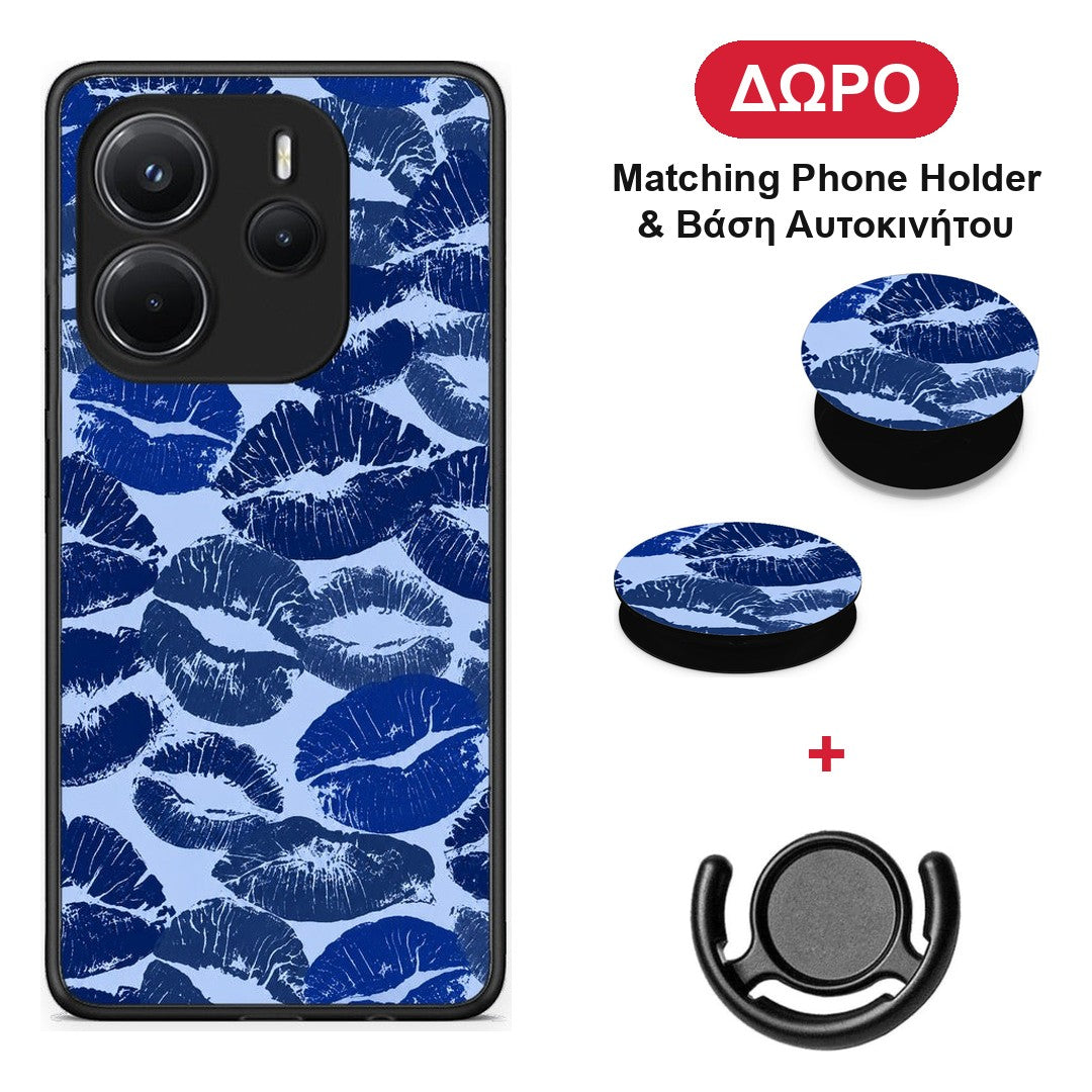 Blue Lipstick Kisses - Xiaomi Redmi Note 14 4G θήκη + Δώρο Phone Holder & Βάση Αυτοκινήτου