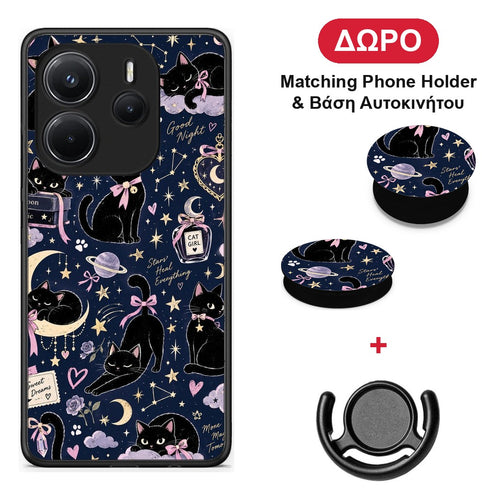 Celestial Black Cats on Navy - Xiaomi Redmi Note 14 4G θήκη + Δώρο Phone Holder & Βάση Αυτοκινήτου