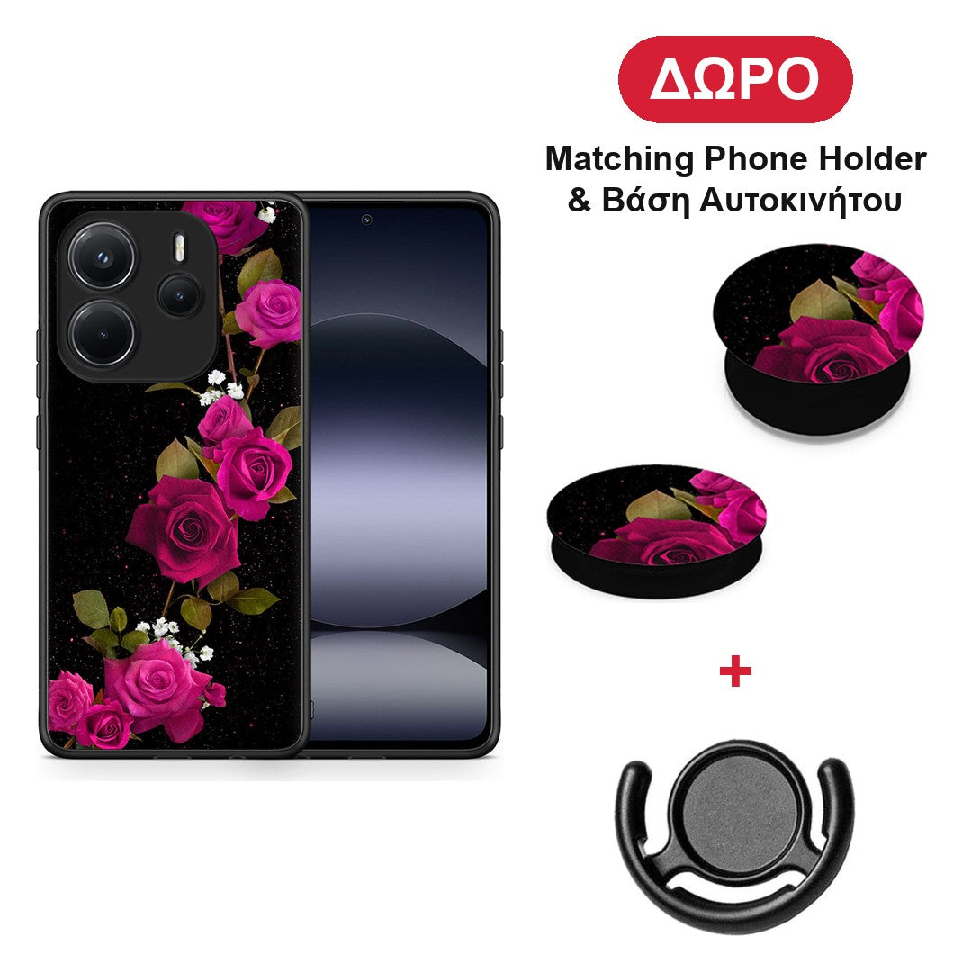 Flower Red Roses - Xiaomi Redmi Note 14 4G θήκη + Δώρο Phone Holder & Βάση Αυτοκινήτου