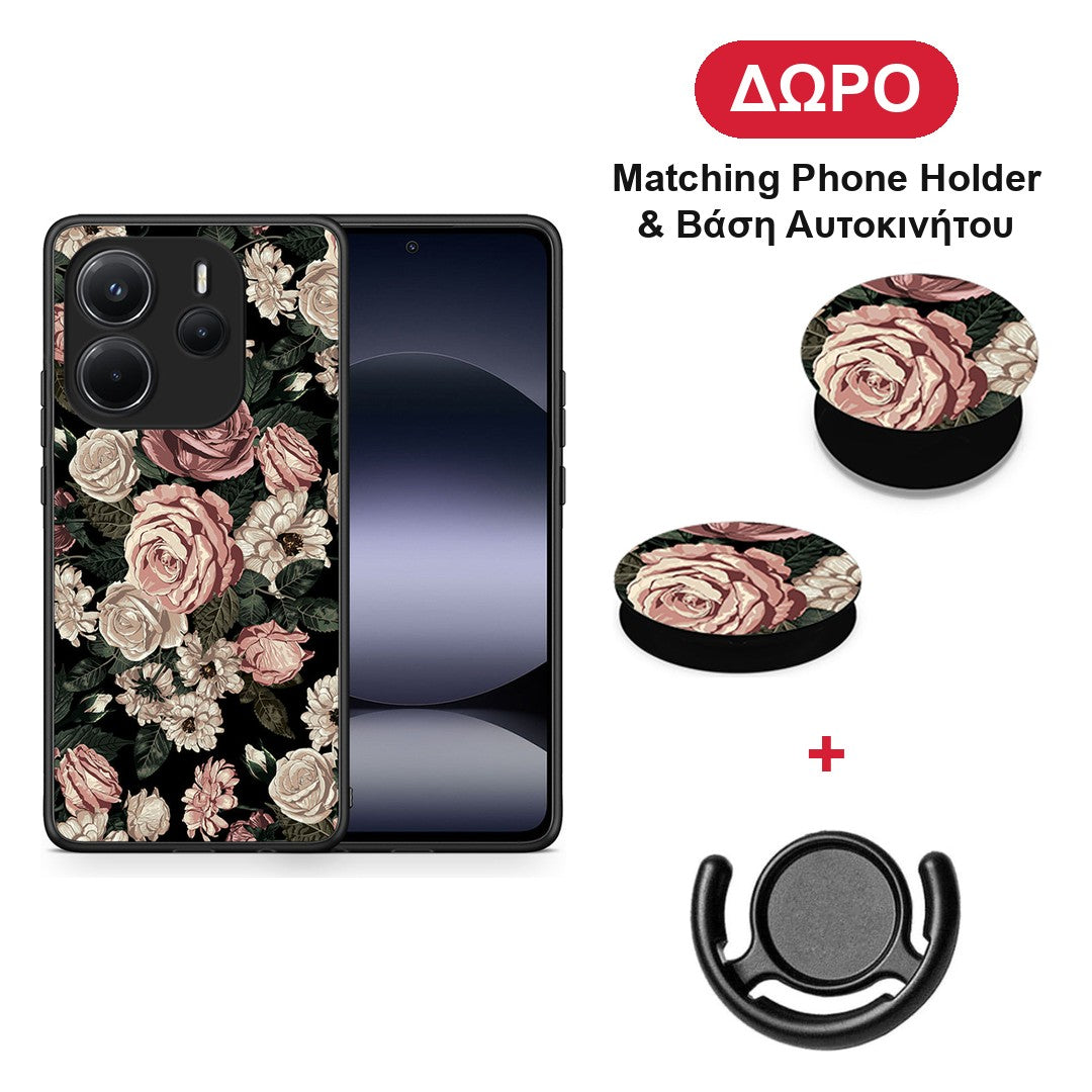 Flower Wild Roses - Xiaomi Redmi Note 14 4G θήκη + Δώρο Phone Holder & Βάση Αυτοκινήτου