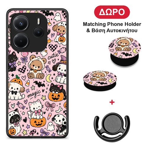Halloween Cute Animals on Pink - Xiaomi Redmi Note 14 4G θήκη + Δώρο Phone Holder & Βάση Αυτοκινήτου