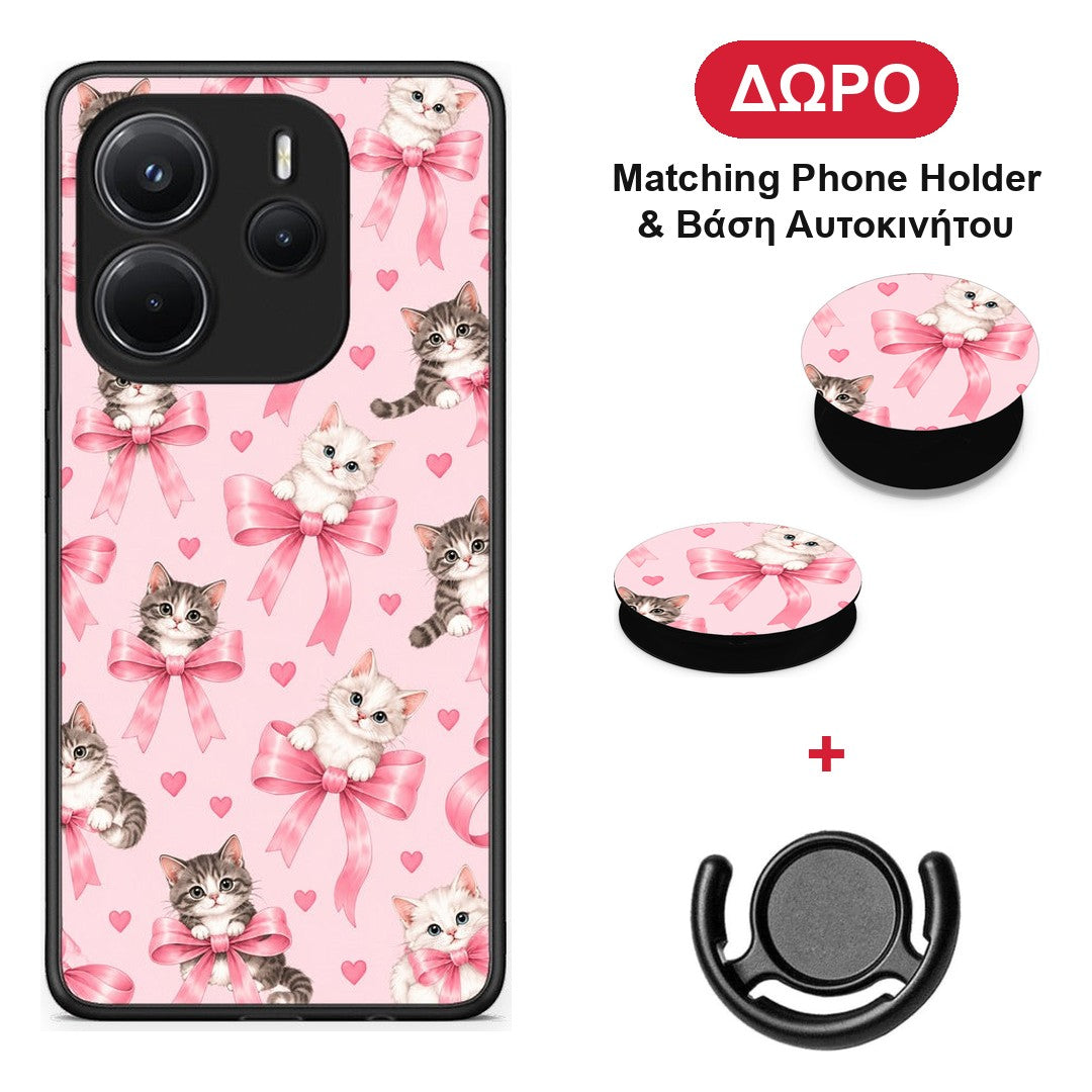 Kittens and Pink Bows on Pink - Xiaomi Redmi Note 14 4G θήκη + Δώρο Phone Holder & Βάση Αυτοκινήτου