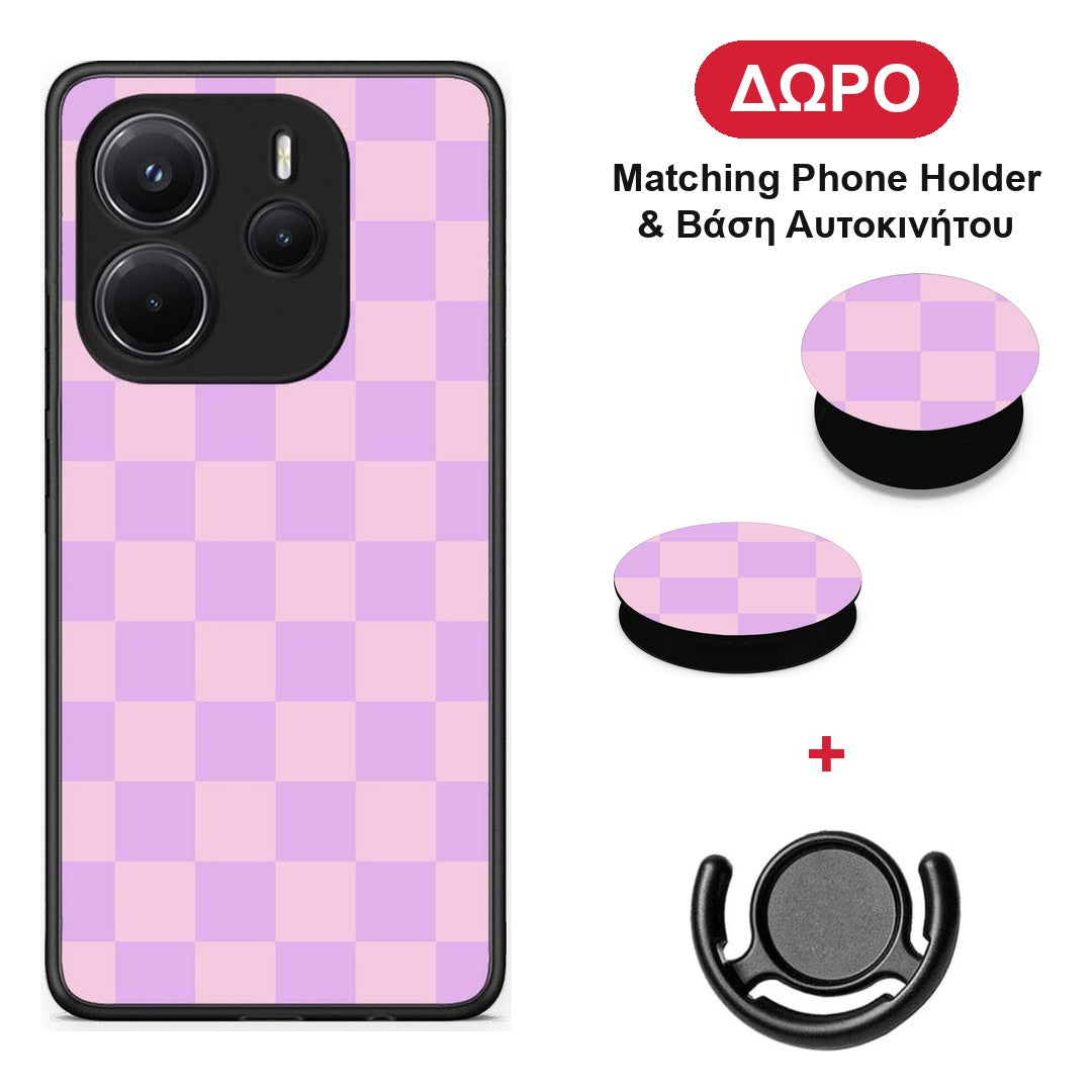 Lavender and Pink Checkerboard - Xiaomi Redmi Note 14 4G θήκη + Δώρο Phone Holder & Βάση Αυτοκινήτου