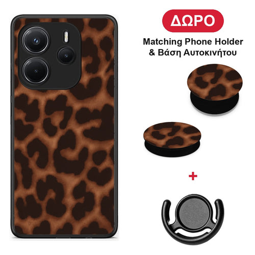 Leopard Print Dark Brown - Xiaomi Redmi Note 14 4G θήκη + Δώρο Phone Holder & Βάση Αυτοκινήτου