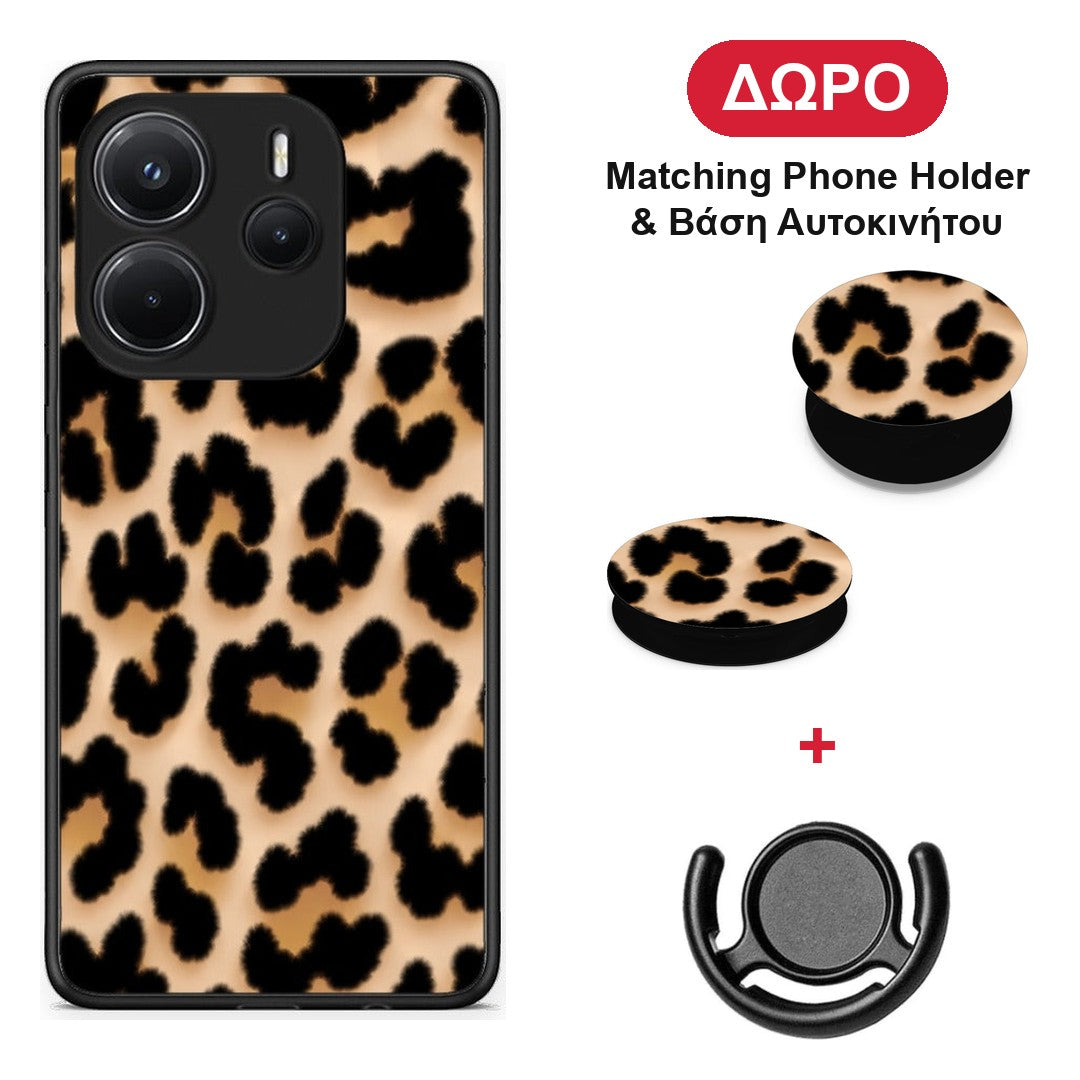 Leopard Print Tan Large - Xiaomi Redmi Note 14 4G θήκη + Δώρο Phone Holder & Βάση Αυτοκινήτου